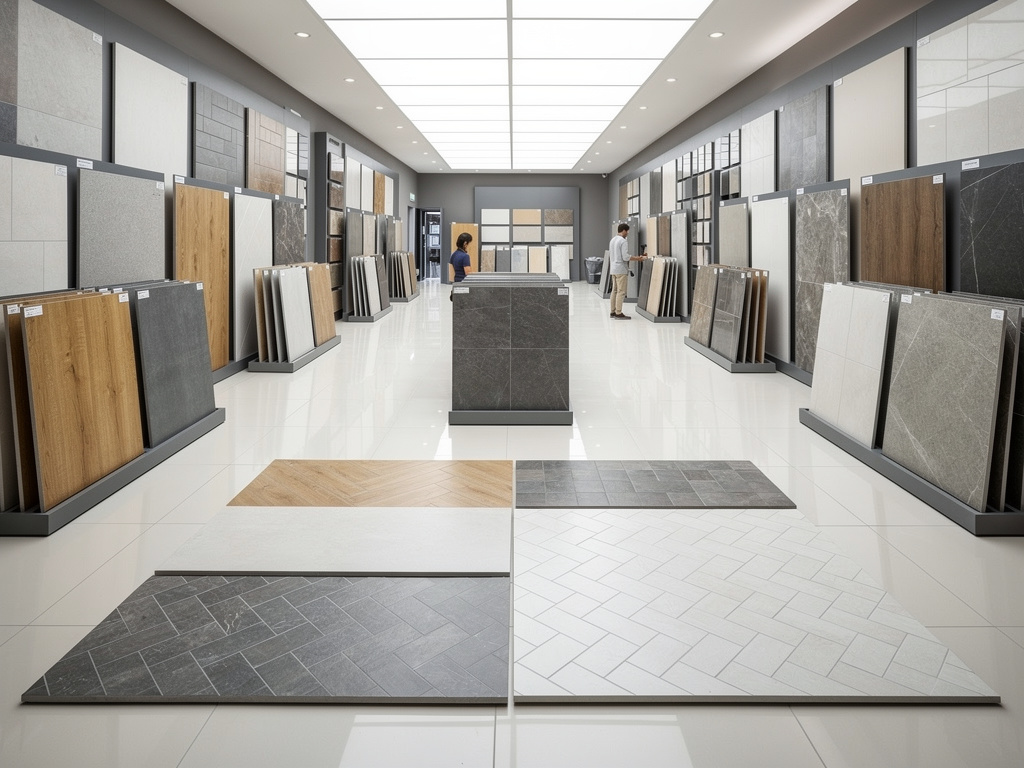 Exposición moderna de azulejos y baldosas cerámicas para suelos y paredes en showroom de diseño interior