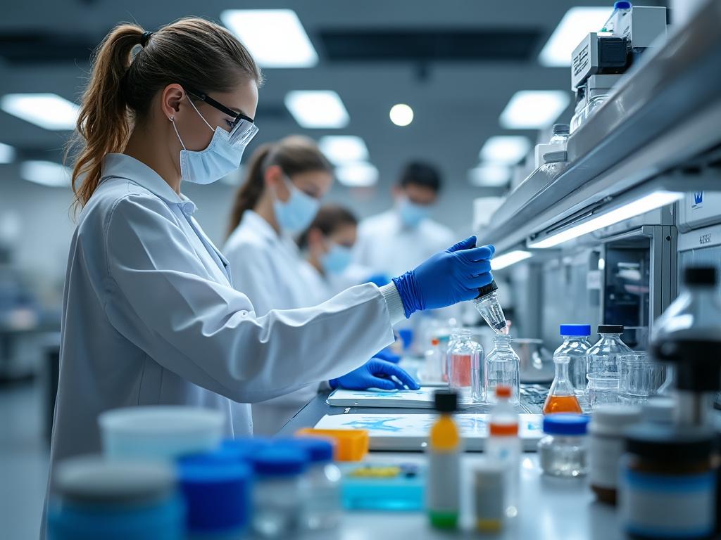 Científicos con batas de laboratorio y mascarillas trabajan en un laboratorio moderno, utilizando equipo de investigación y frascos químicos.