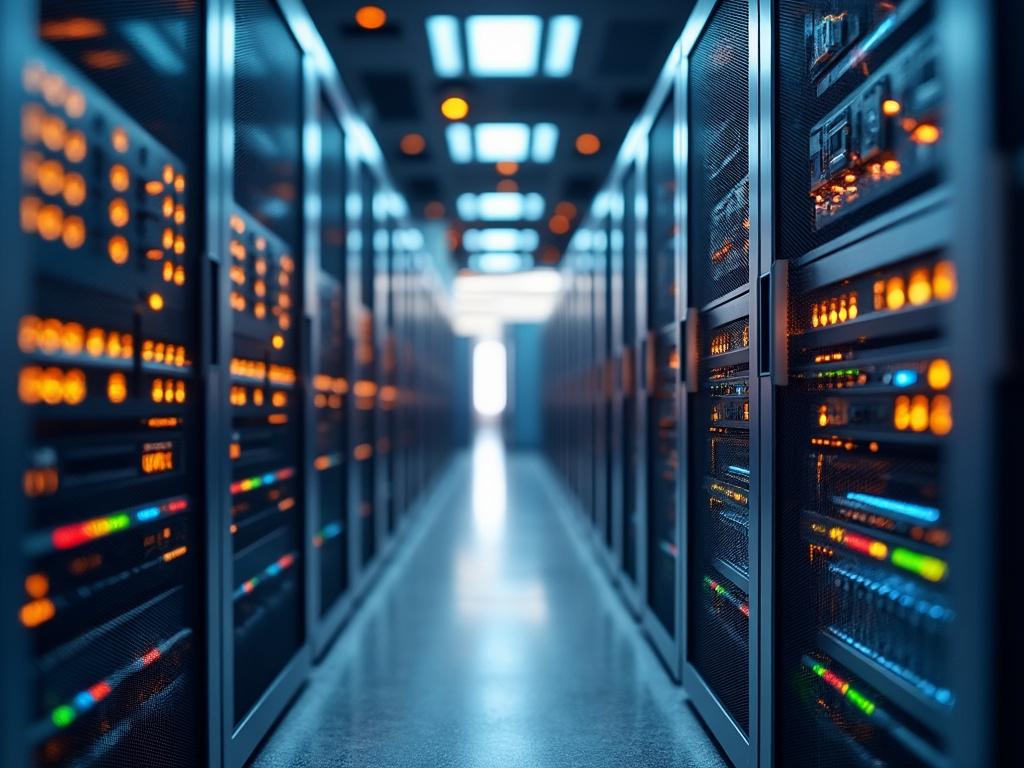 Modern data center with rows of server racks and glowing LED lights.