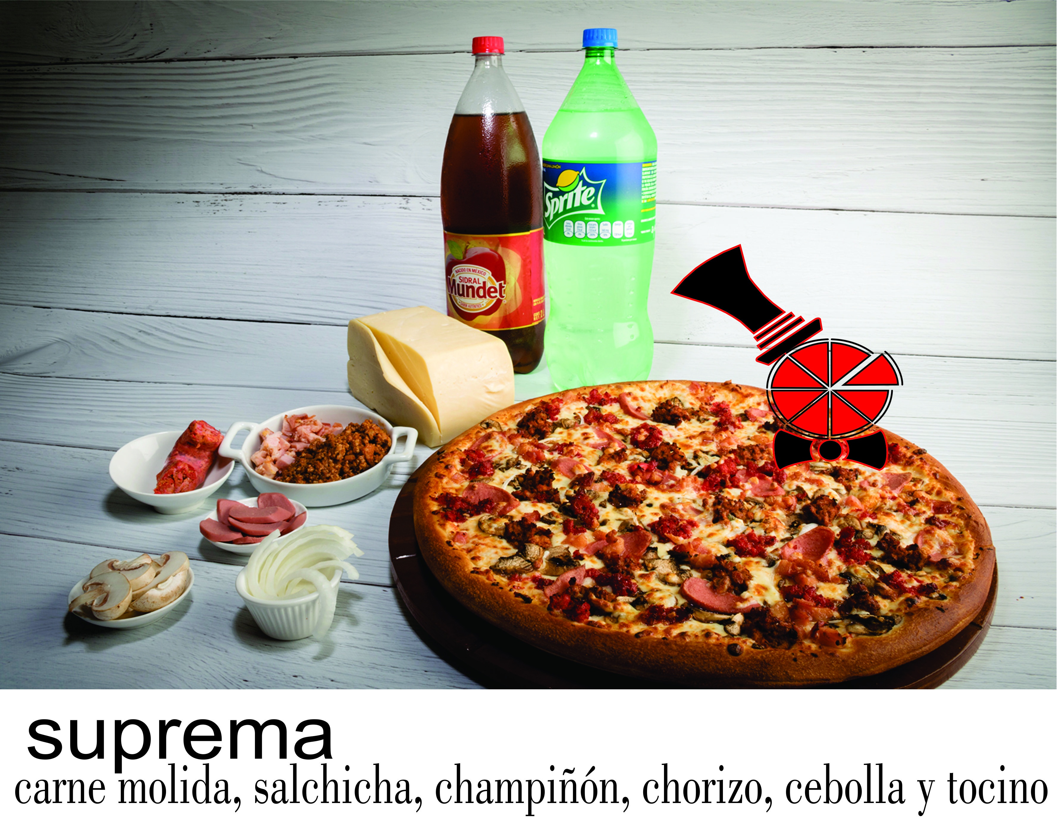 SUPREMA
carne molida, salchicha, champiñon chorizo cebolla y tocino