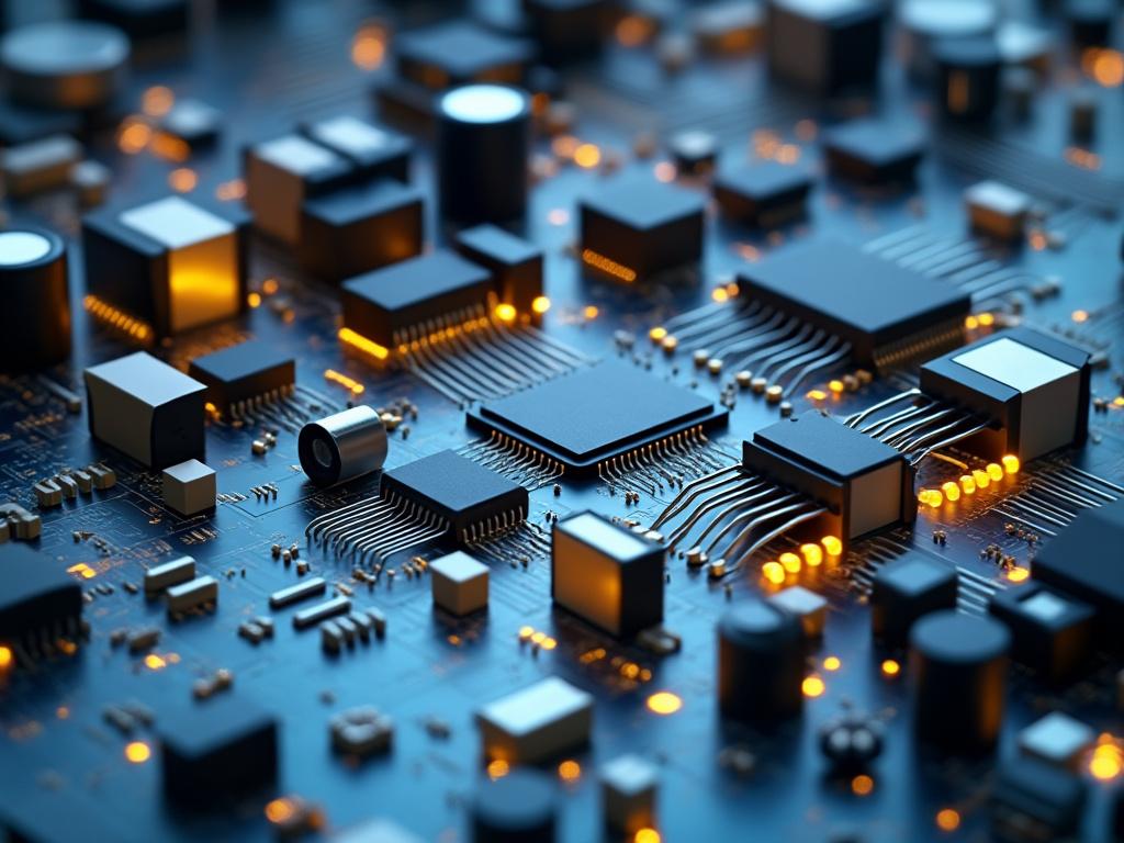 Placa de circuito impreso con componentes electrónicos iluminados, mostrando microchips y conexiones.