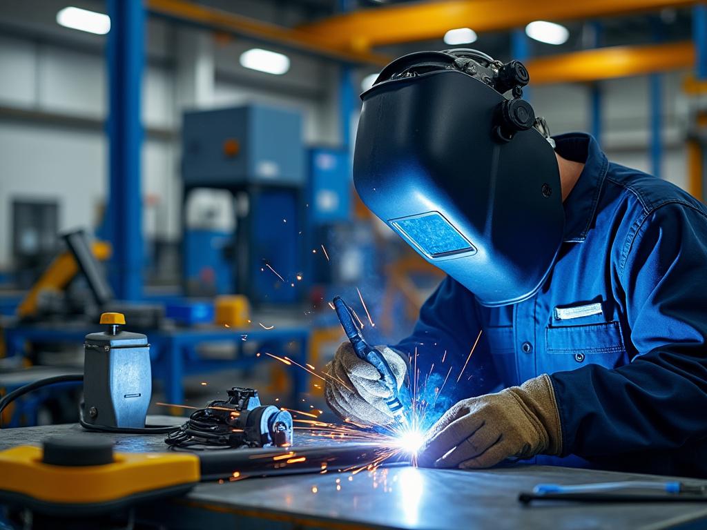 Soldador con casco protector realizando trabajo de soldadura en taller industrial.