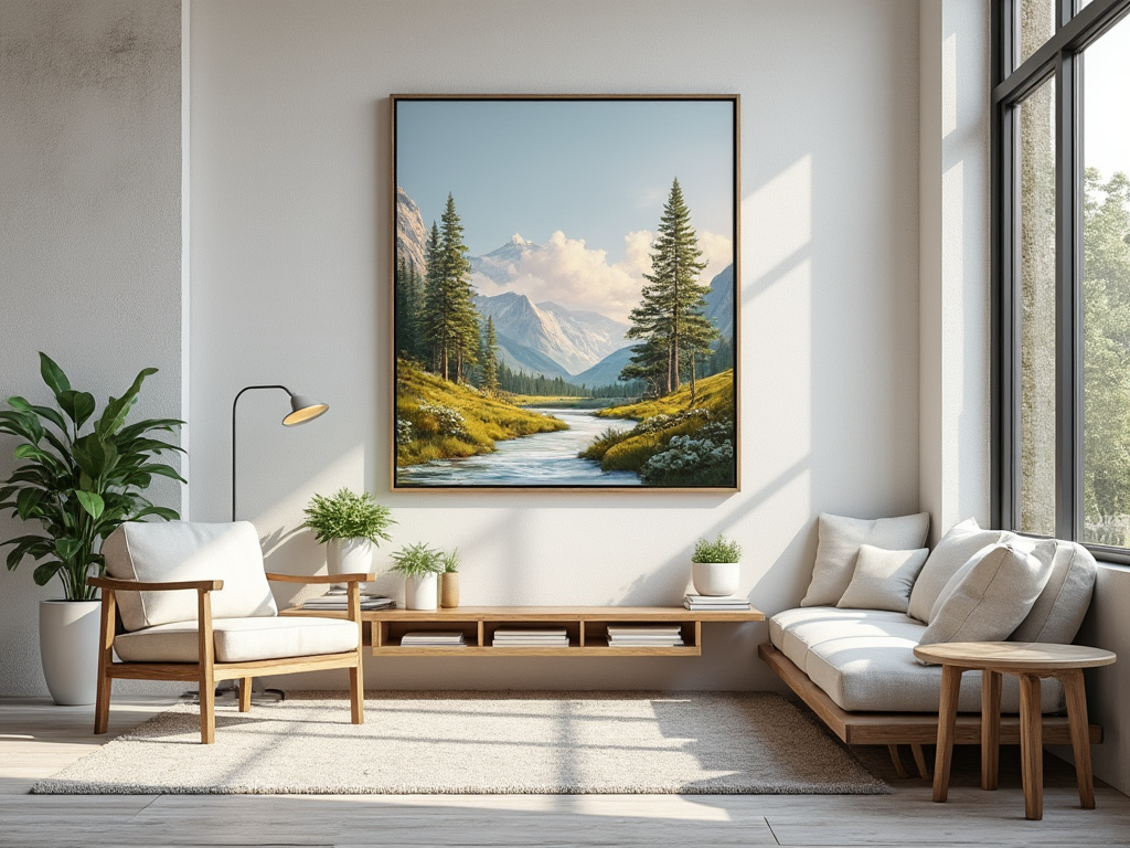 Sala de estar moderna con sofá beige y sillón, decoración minimalista, cuadro de paisaje montañoso y plantas en macetas junto a una ventana grande.