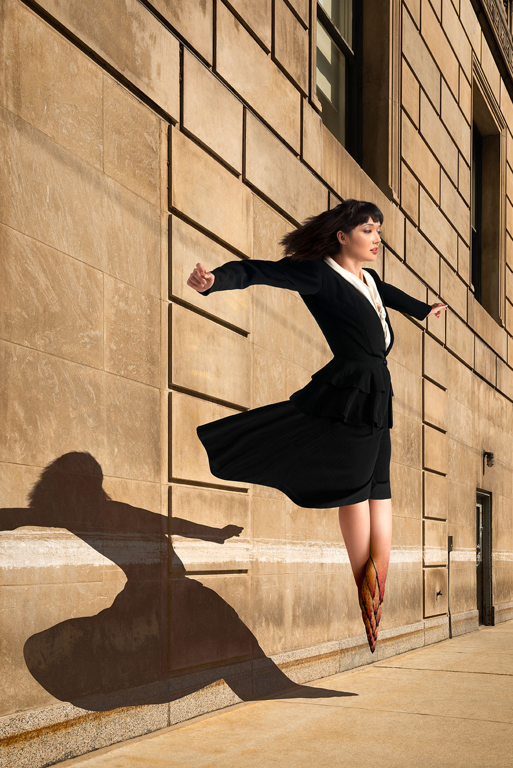 Dream Imagery of a woman floating above sidewalk. Her legs morph into plant like forms, while a wind blows her hair and dress.