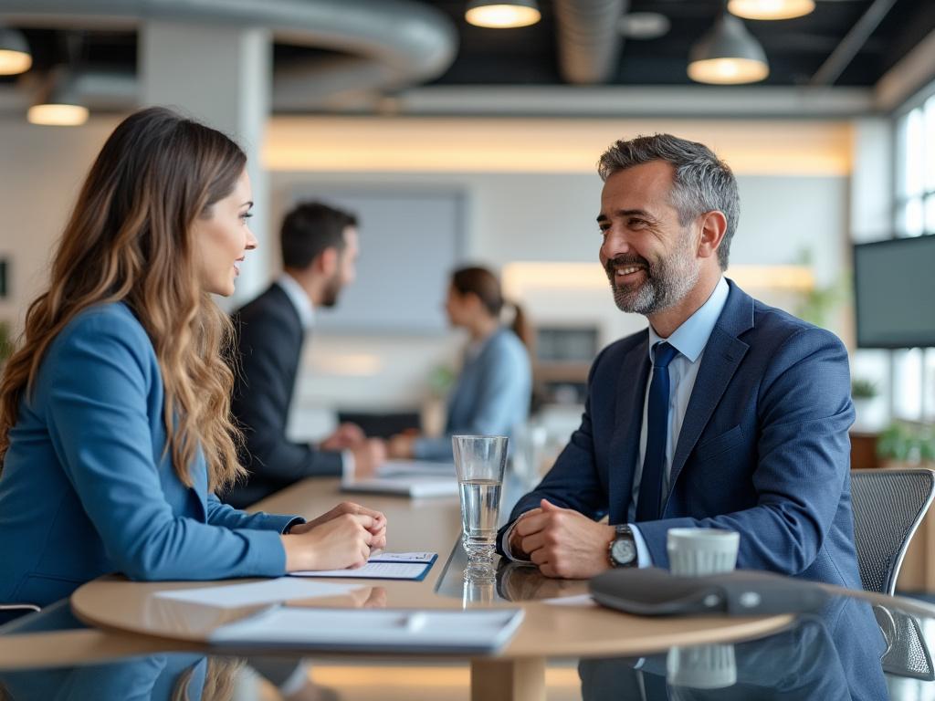Personas de negocios conversando en una oficina moderna, ambos vestidos formalmente y sonriendo, fondo con compañeros de trabajo. Personas de negocios conversando en una oficina moderna, ambos vestidos formalmente y sonriendo, fondo con compañeros de trabajo.