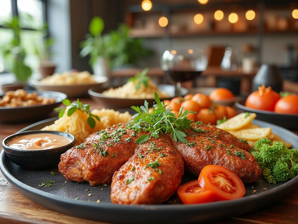 Plato de filetes de carne empanizados con guarnición de papas, tomates frescos y un cuenco de salsa en un ambiente de restaurante acogedor.