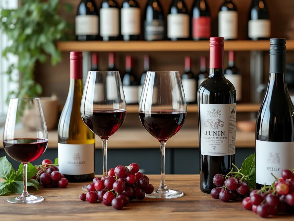 Botellas de vino tinto y blanco con copas y racimos de uvas sobre una mesa de madera, fondo de estante con más botellas.