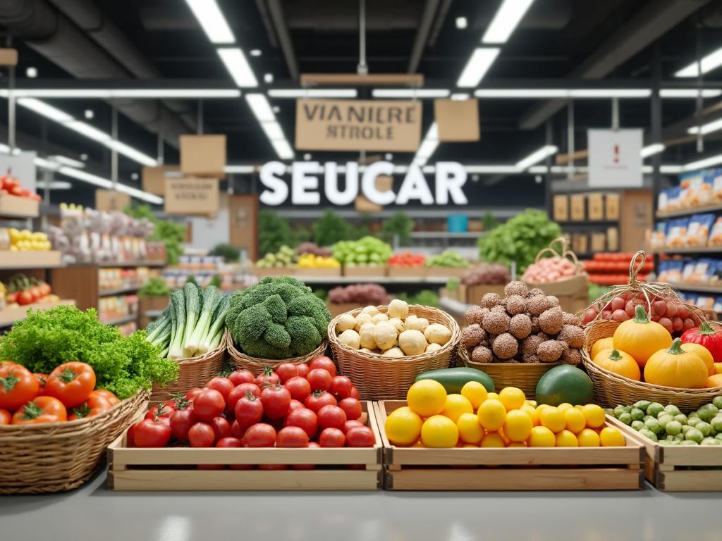 Frutas y verduras frescas en un supermercado moderno; tomates, naranjas, brócoli, calabazas, y otras hortalizas dispuestas de manera organizada.