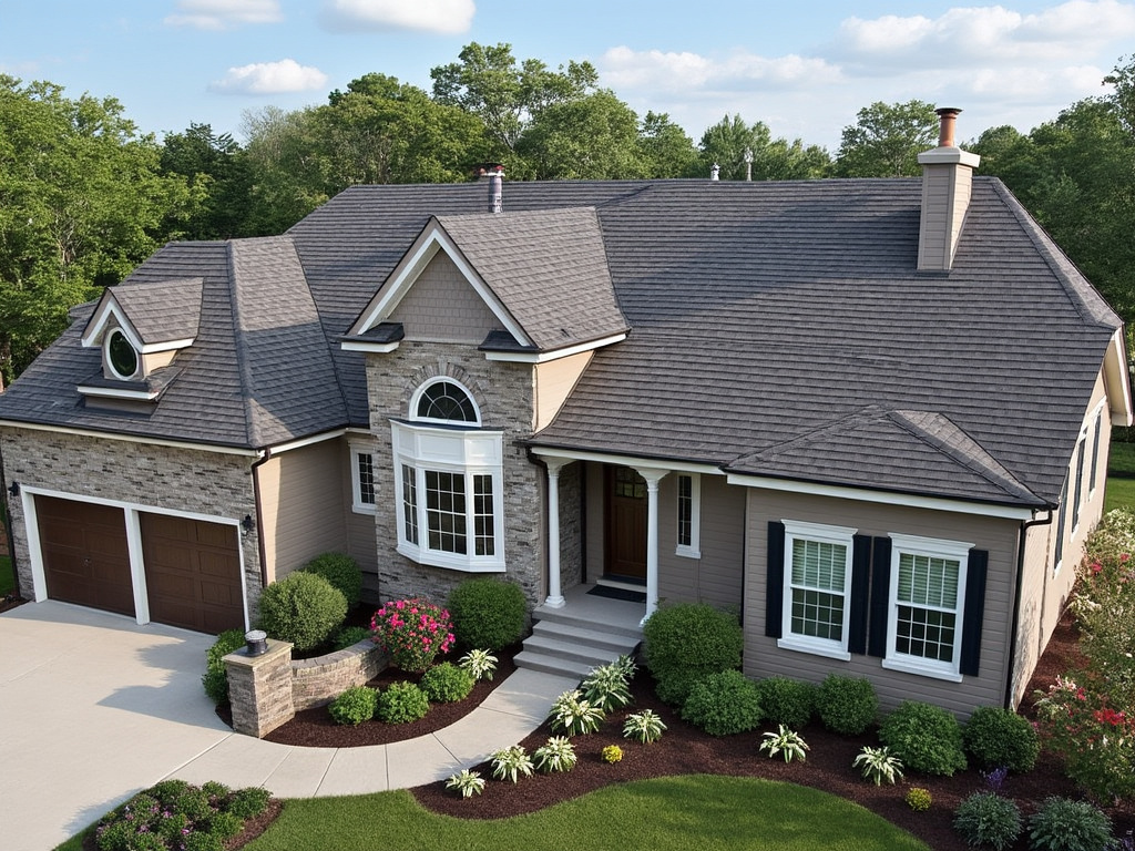 Modern suburban house with landscaped front yard, gray roof, and stone accents.