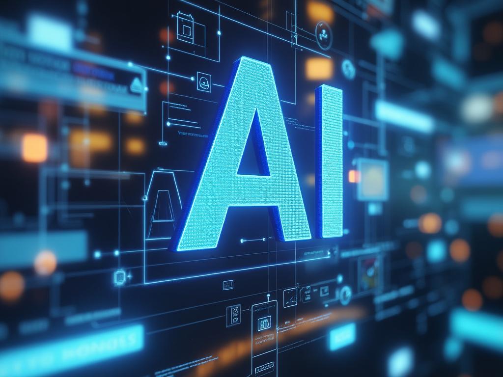 Imagen conceptual de inteligencia artificial con letras 'AI' en azul sobre fondo digital.