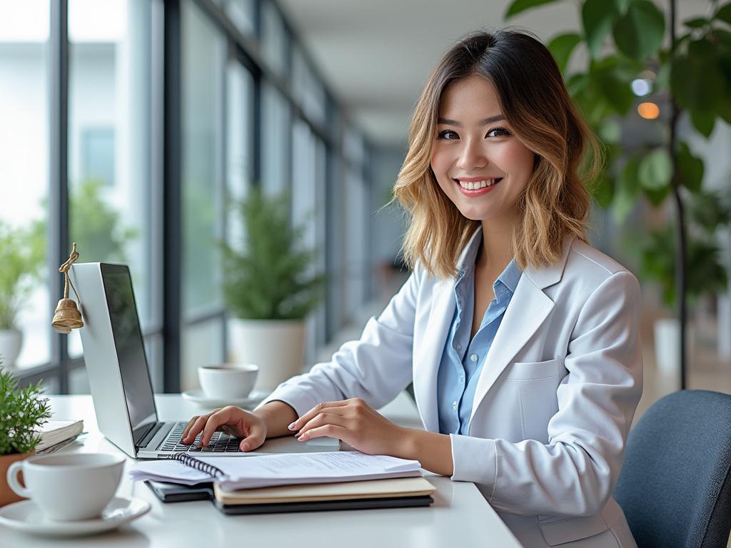Mujer sonriente con chaqueta blanca trabajando en una laptop en una oficina luminosa con plantas.