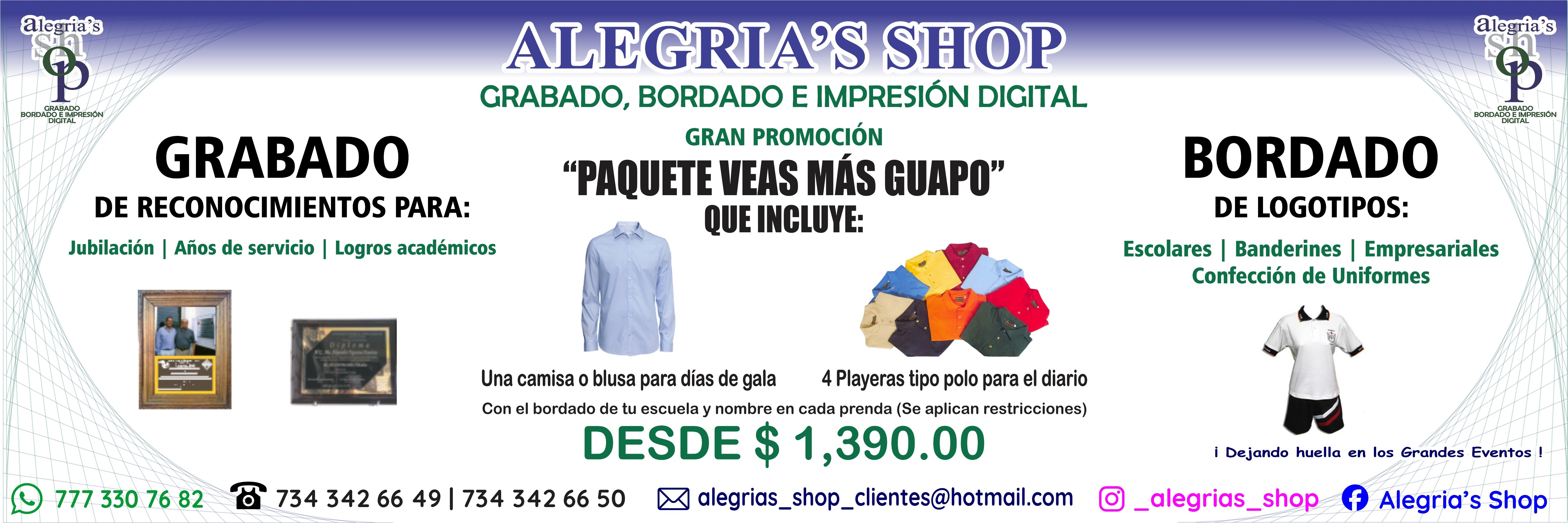 Alegria's Shop promotional banner for engraving, embroidery, digital printing, recognition awards and school uniforms