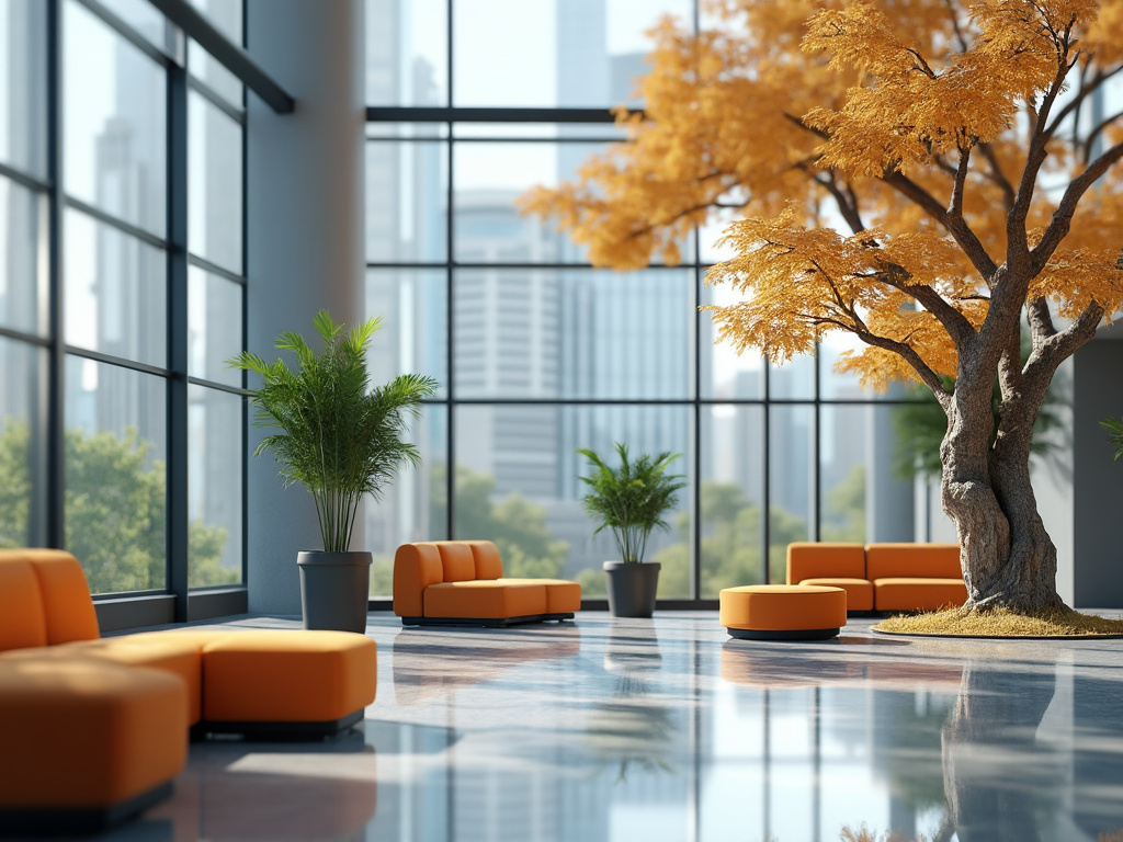 Sala moderna con sofás naranjas, grandes ventanales, plantas verdes y un árbol con hojas otoñales en el interior. Sala moderna con sofás naranjas, grandes ventanales, plantas verdes y un árbol con hojas otoñales en el interior.
