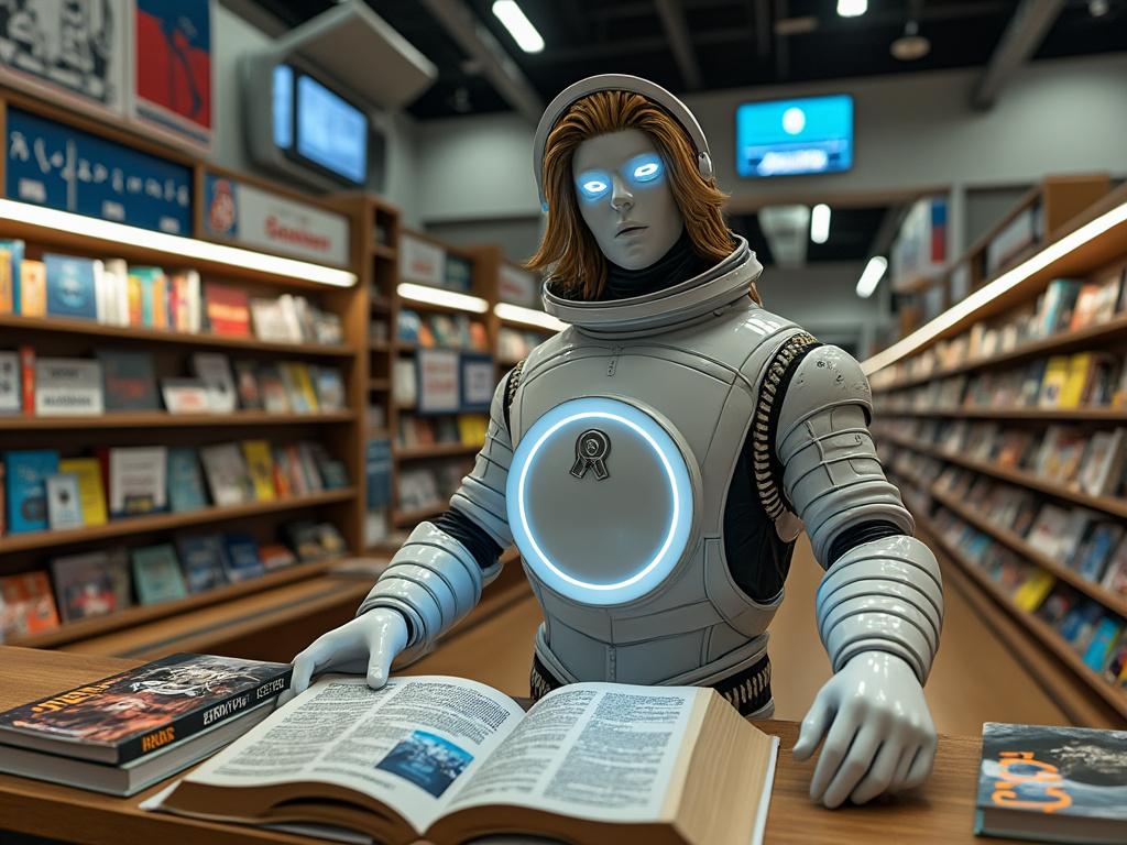 Robot humanoide con ojos brillantes leyendo un libro en una librería moderna.