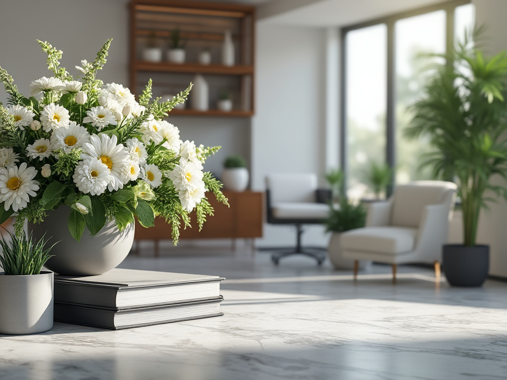 Ramo de flores blancas en jarrón gris sobre libros en una sala de estar moderna con plantas y sillas.