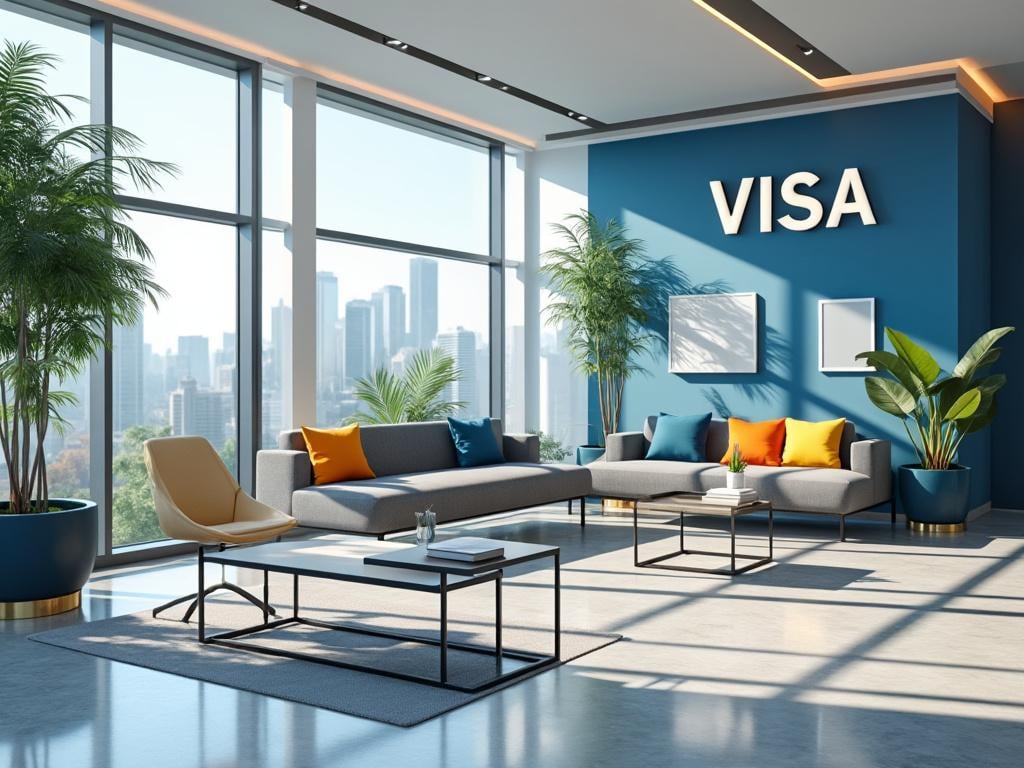 Sala de estar moderna con sofás grises, cojines coloridos, plantas en macetas y una vista panorámica de la ciudad a través de grandes ventanas.