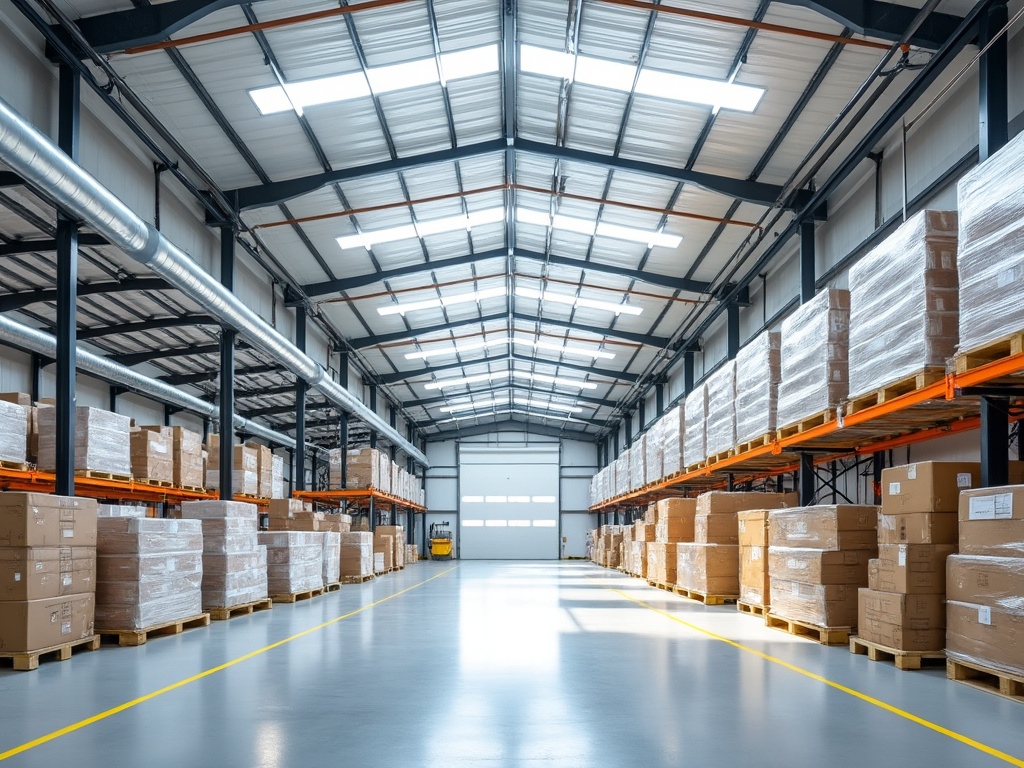 Interior de un almacén moderno con estantes llenos de cajas y palets organizados.