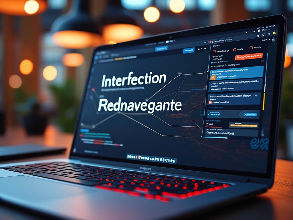 Pantalla de portátil iluminada con teclado retroiluminado, mostrando un diagrama digital y texto, en un ambiente de oficina con luces cálidas.