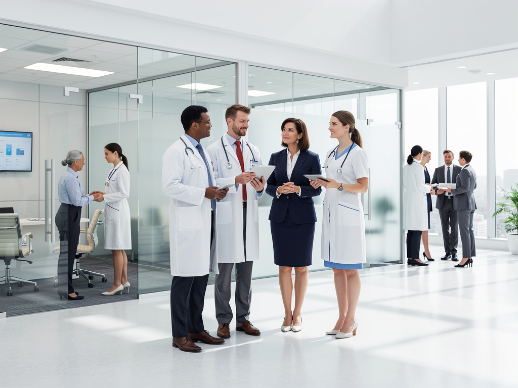 Equipo médico y ejecutiva en reunión colaborativa dentro de una clínica moderna con oficinas de vidrio