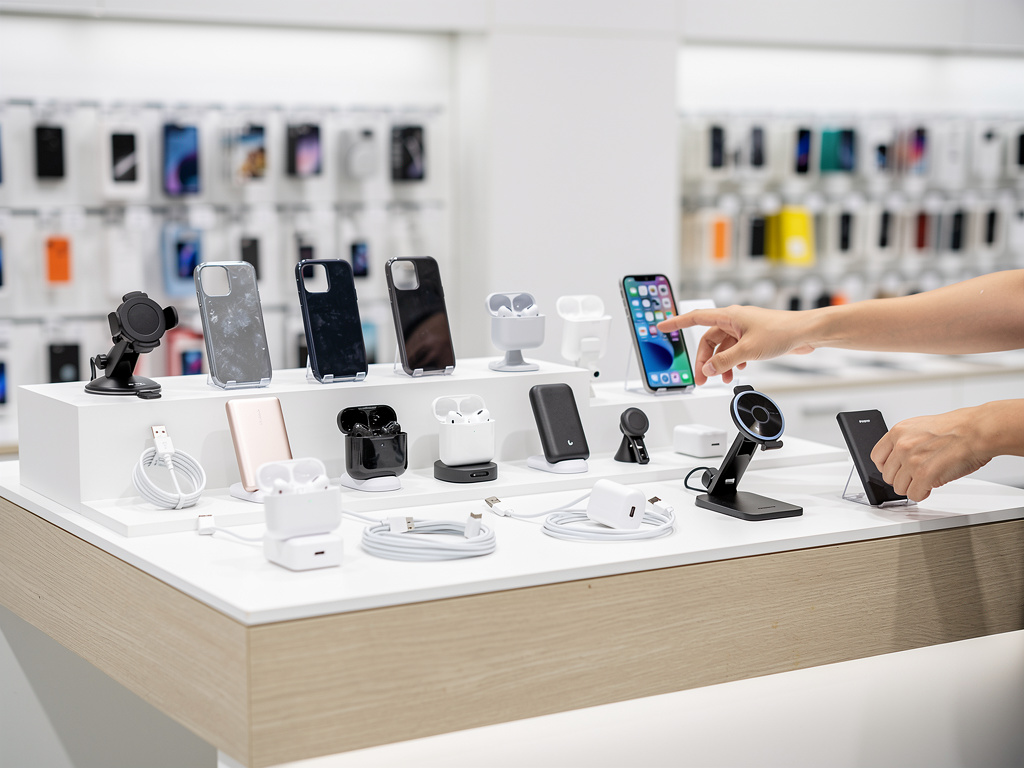Expositor de accesorios para móviles en tienda de tecnología con fundas, cargadores, auriculares y soportes para smartphone