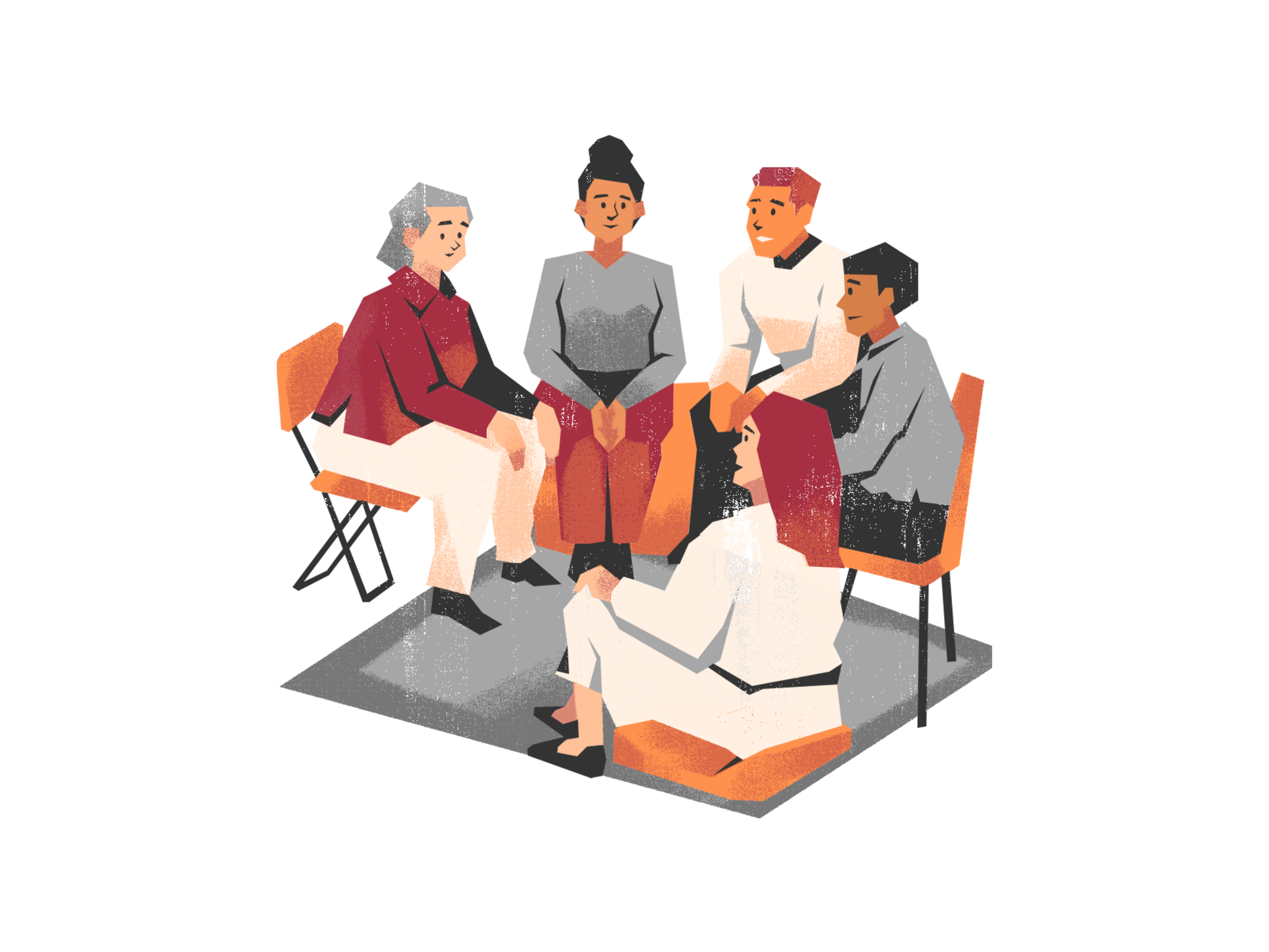 Animated graphic of group of people sitting in a circle and speaking with each other.