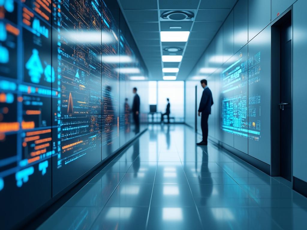 Pasillo de oficina moderno con pantallas digitales mostradas en las paredes y personas caminando.