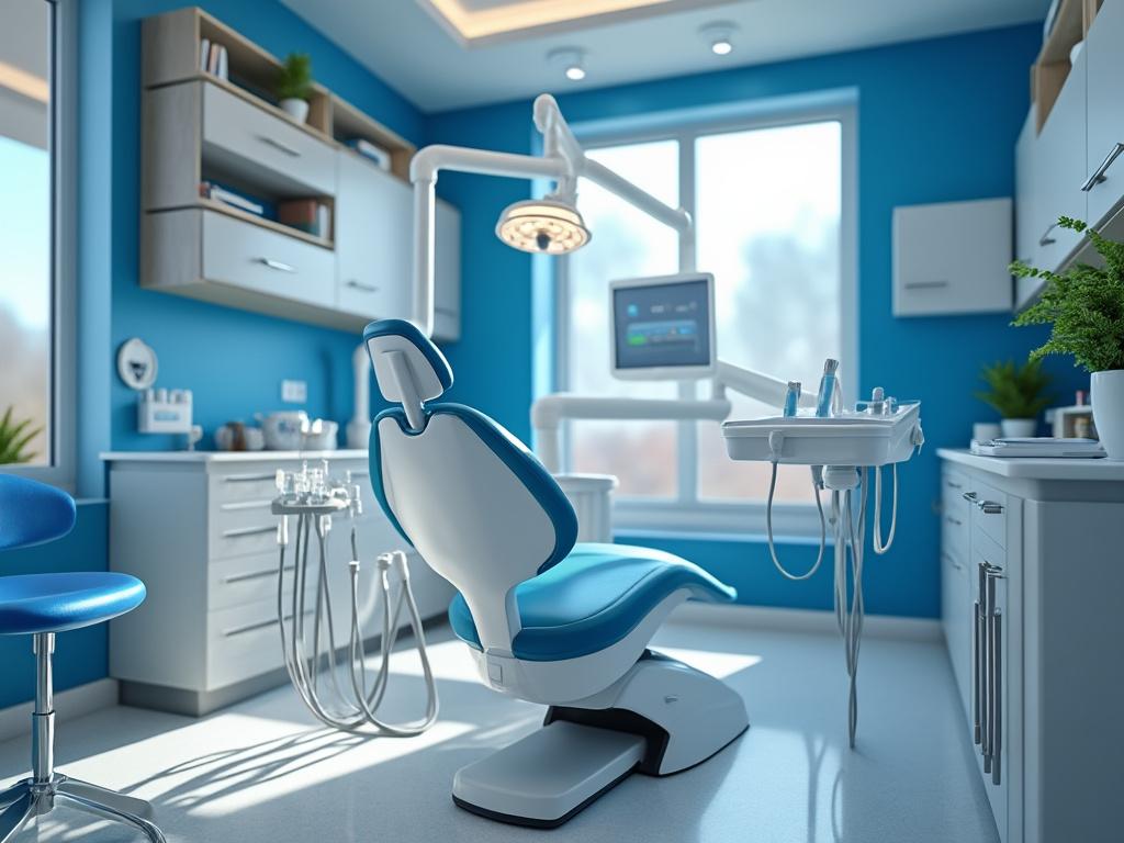 Consultorio dental moderno con equipo odontológico, silla ajustable y ambiente iluminado.
