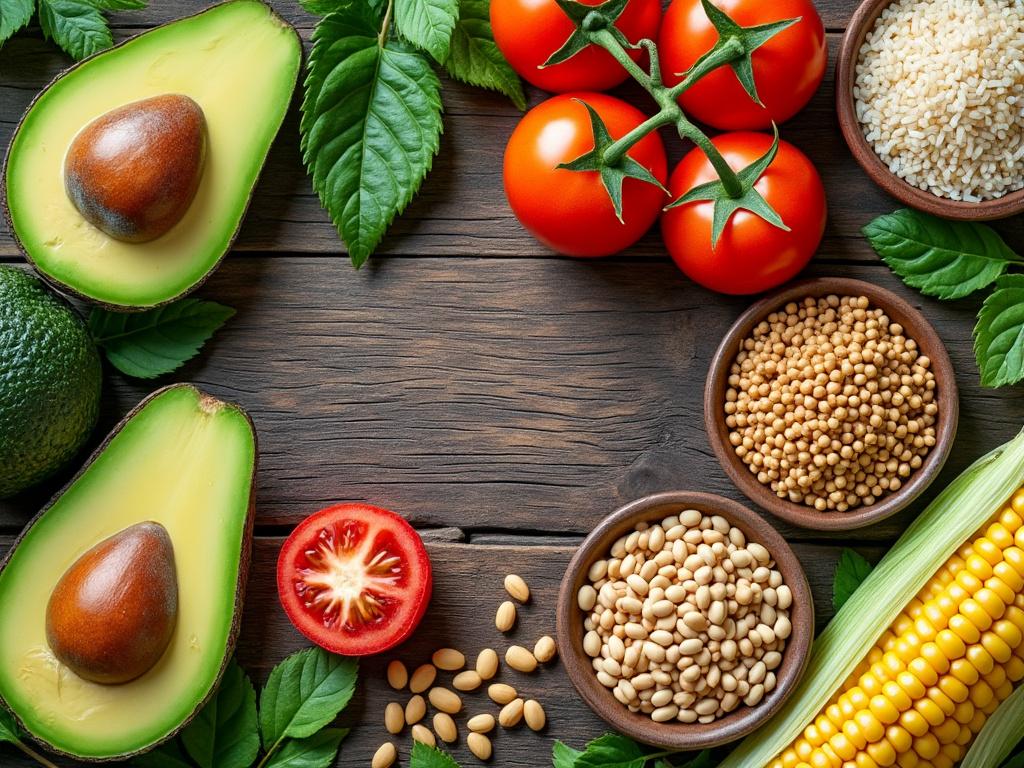 Variedad de alimentos saludables incluyendo aguacates, tomates en rama, arroz, mostaza en grano, piñones y maíz sobre mesa de madera.