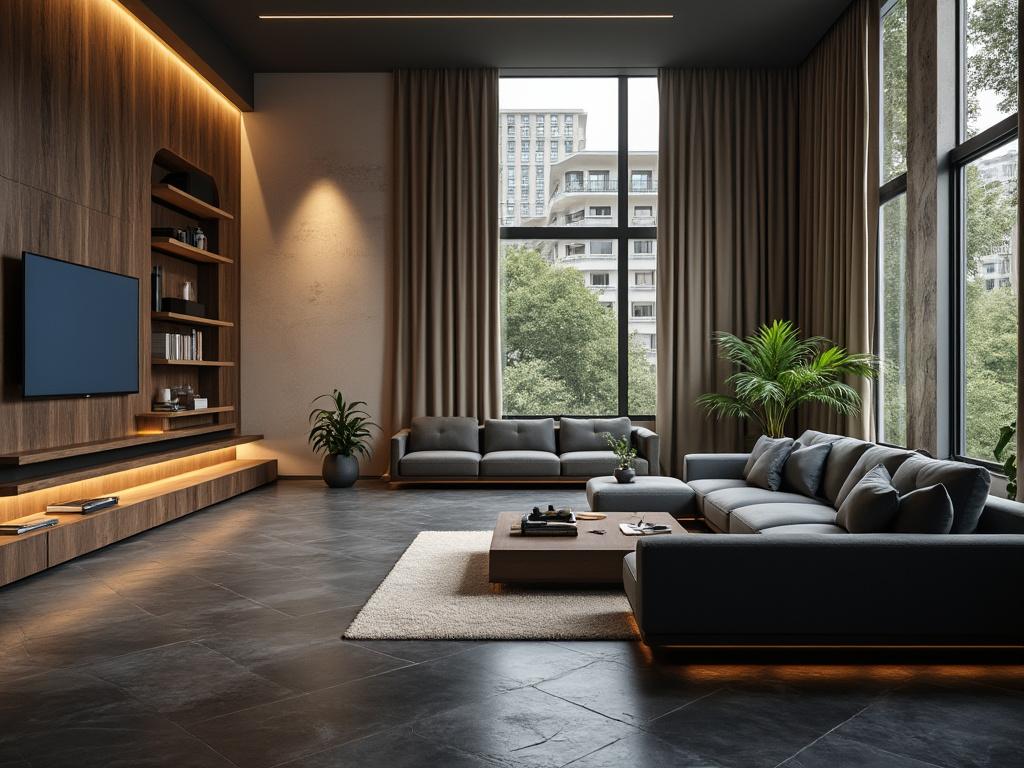 Sala de estar moderna con sofás grises, pared de madera con estanterías, televisor y grandes ventanales con vista a la ciudad.