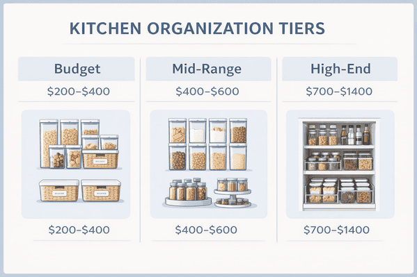 Kitchen organization cost comparison infographic showing budget mid-range and high-end tiers