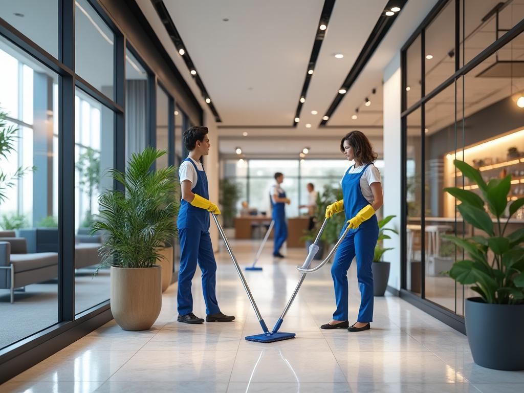 Trabajadores de limpieza con uniformes azules y guantes amarillos limpiando el suelo de un edificio moderno con plantas decorativas y grandes ventanales.