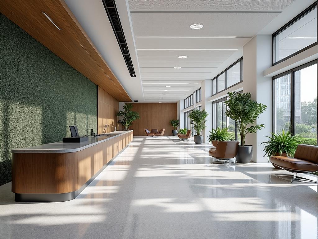 Recepción moderna de oficina con mostrador curvo y plantas decorativas junto a grandes ventanas que dejan entrar abundante luz natural.