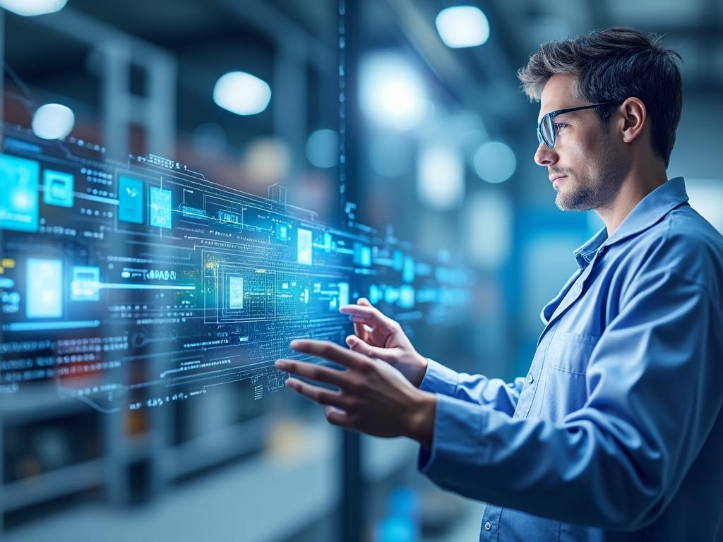 Hombre mirando una interfaz digital con gráficos y datos futuristas en pantalla flotante.