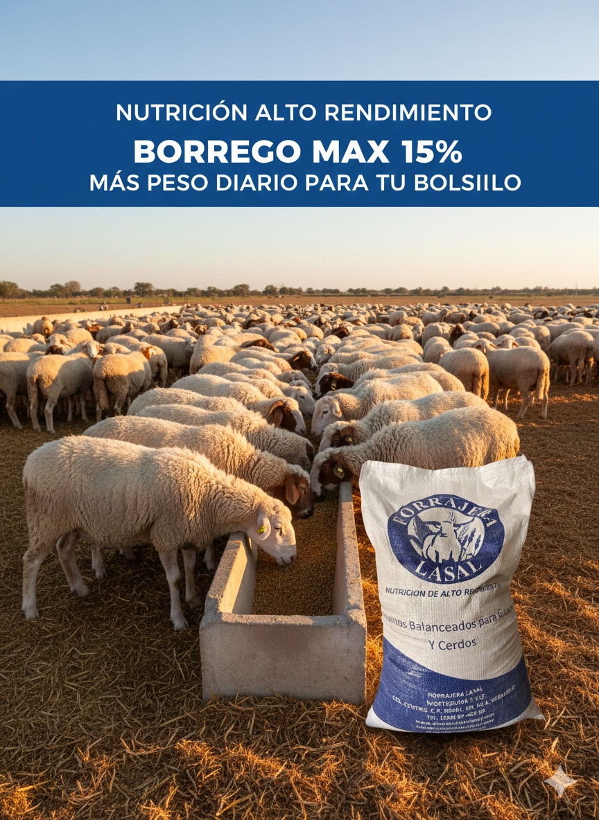Flock of sheep feeding from a trough next to a bag of Borrego Max 15% high-performance nutrition feed, under clear sky.