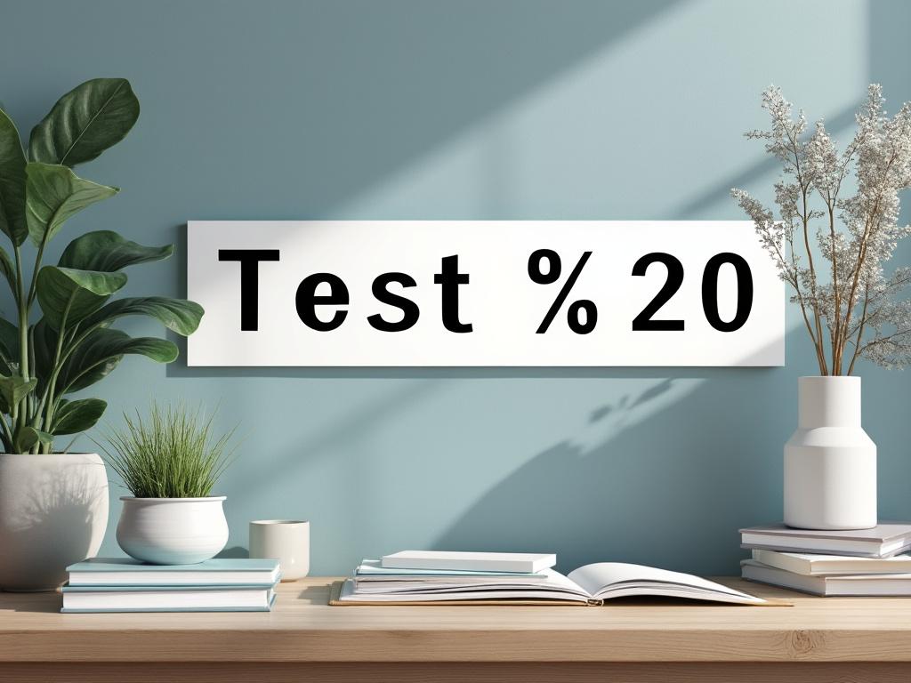 Modern desk with books, potted plants, and 'Test % 20' sign on blue wall.