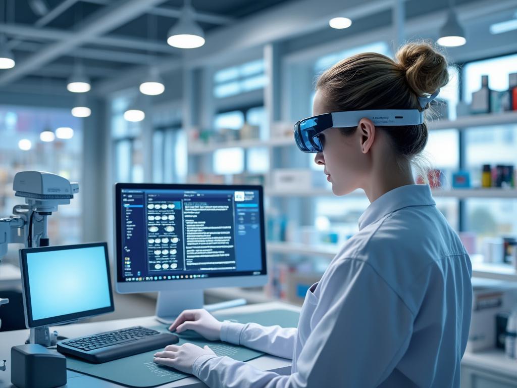 Científica en laboratorio usando gafas de realidad aumentada frente a computadora.