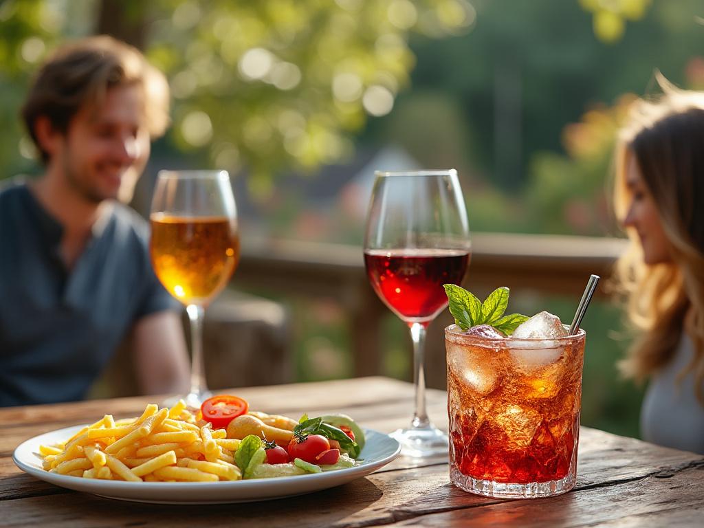 Un cóctel con hielo y menta junto a una mesa con dos copas de vino, un plato de papas fritas y ensalada fresca, en un ambiente exterior relajante. Un cóctel con hielo y menta junto a una mesa con dos copas de vino, un plato de papas fritas y ensalada fresca, en un ambiente exterior relajante.