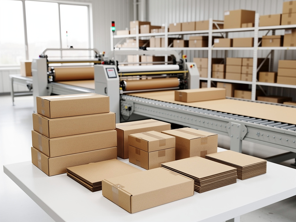 Cajas de cartón y embalajes en línea de producción industrial con cinta transportadora