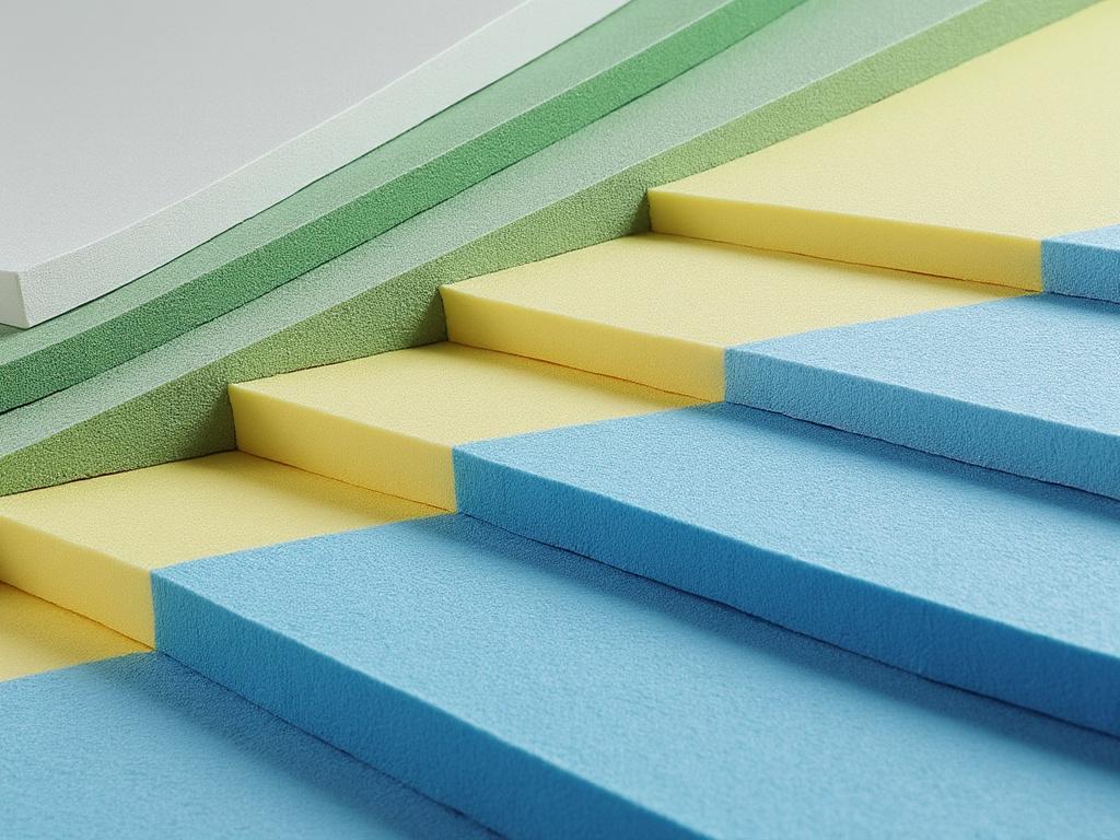Capas de espuma en tonos azul, amarillo y verde, en disposición escalonada.