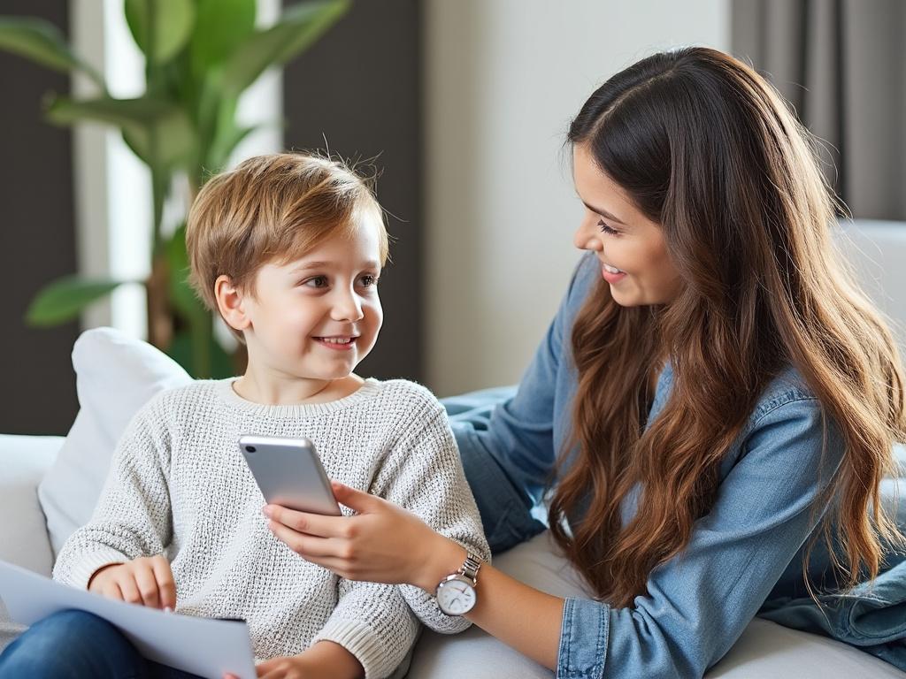 Mother and son sitting on a couch, smiling and looking at a smartphone, with a plant in the background.