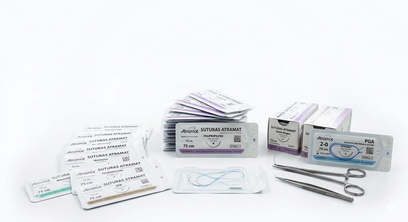 Equipo quirúrgico con suturas Atraumat, incluyendo paquetes de hilos y herramientas médicas sobre fondo blanco. Equipo quirúrgico con suturas Atraumat, incluyendo paquetes de hilos y herramientas médicas sobre fondo blanco.