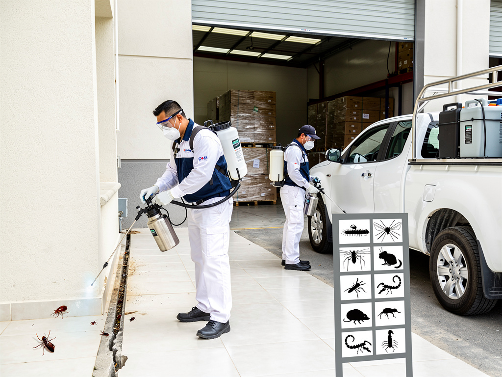 Técnicos de control de plagas fumigando almacén y vehículo contra insectos y roedores