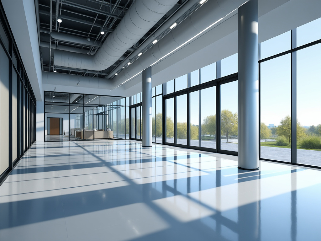 Interior de oficina moderna con grandes ventanales, columnas metálicas, suelo brillante y luz natural