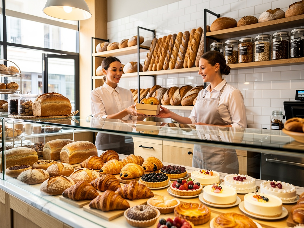 Panadería moderna con vitrinas de panes, croissants y pasteles, y dependientas atendiendo a un cliente