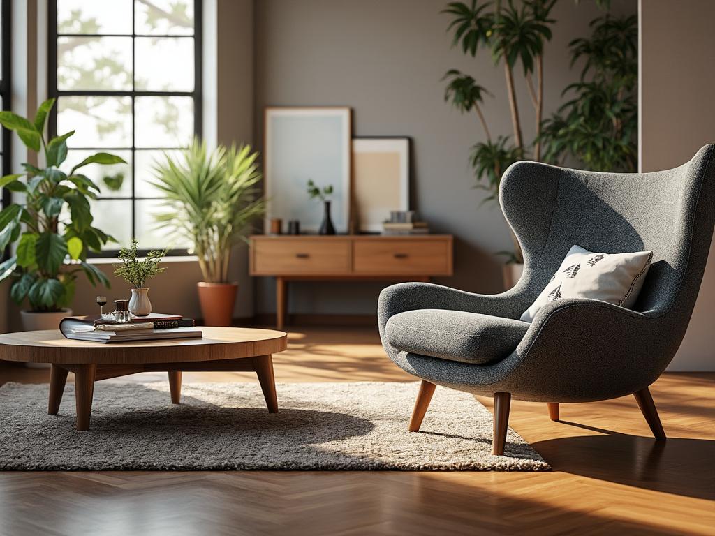 Modern living room with a cozy gray armchair, wooden coffee table, lush green plants, and large windows.