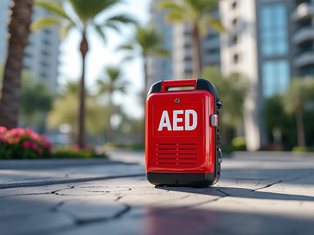 Portable AED defibrillator in a red case on a city sidewalk with palm trees and buildings in the background.