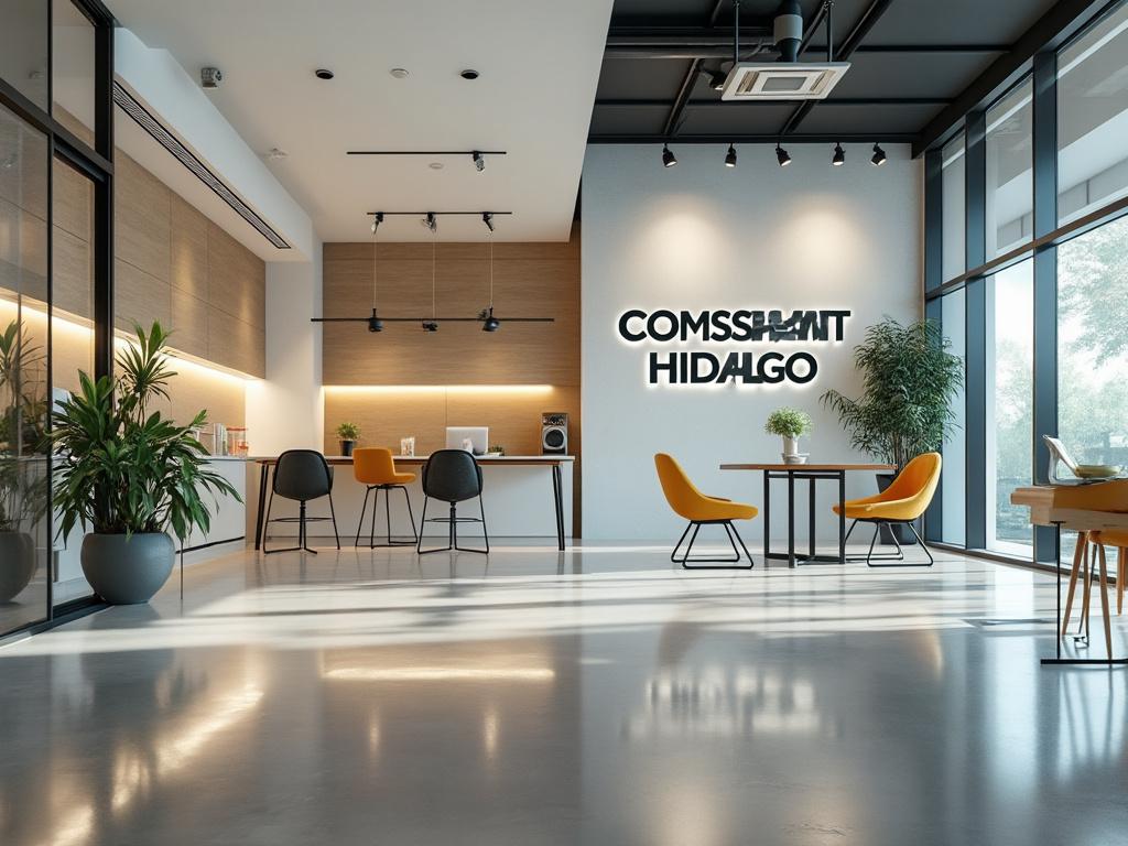 Modern office lobby with wooden wall accents, yellow chairs, large potted plants, and natural light through floor-to-ceiling windows. Modern office lobby with wooden wall accents, yellow chairs, large potted plants, and natural light through floor-to-ceiling windows.