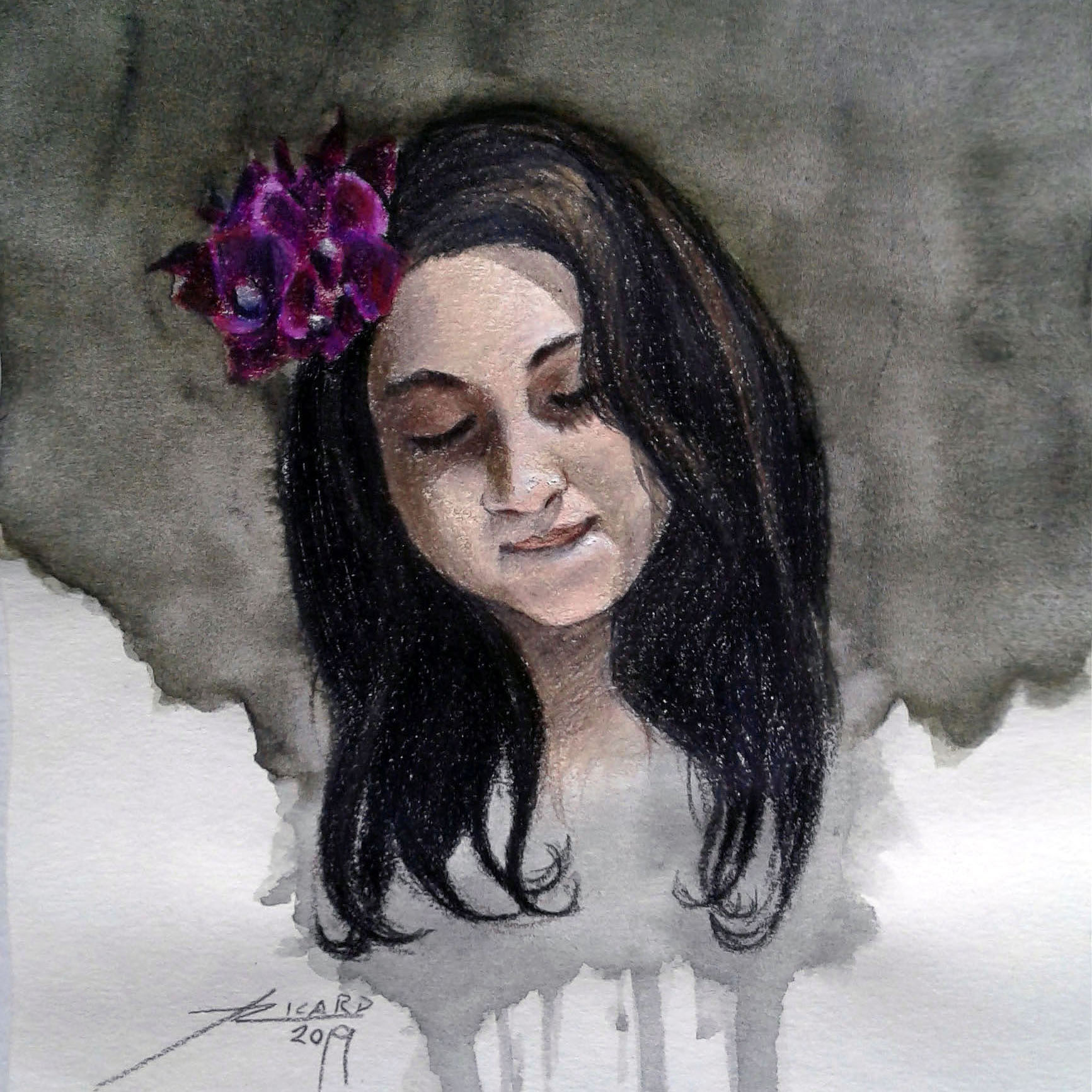 Pamela. Acuarela y lápices de color, 2019