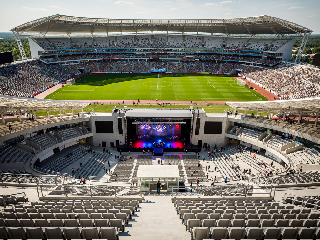 Estadio moderno con campo de fútbol, gradas llenas y escenario de concierto iluminado