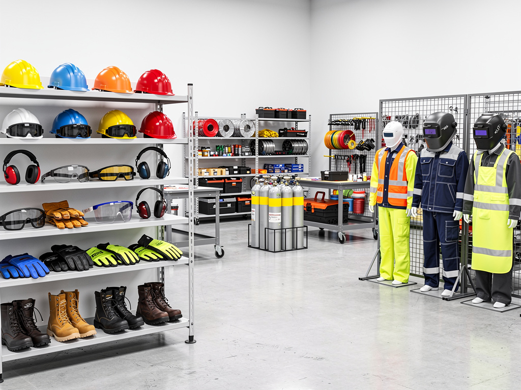 Tienda de equipos de protección personal con cascos, gafas, guantes, botas, chalecos reflectantes y ropa de seguridad industrial